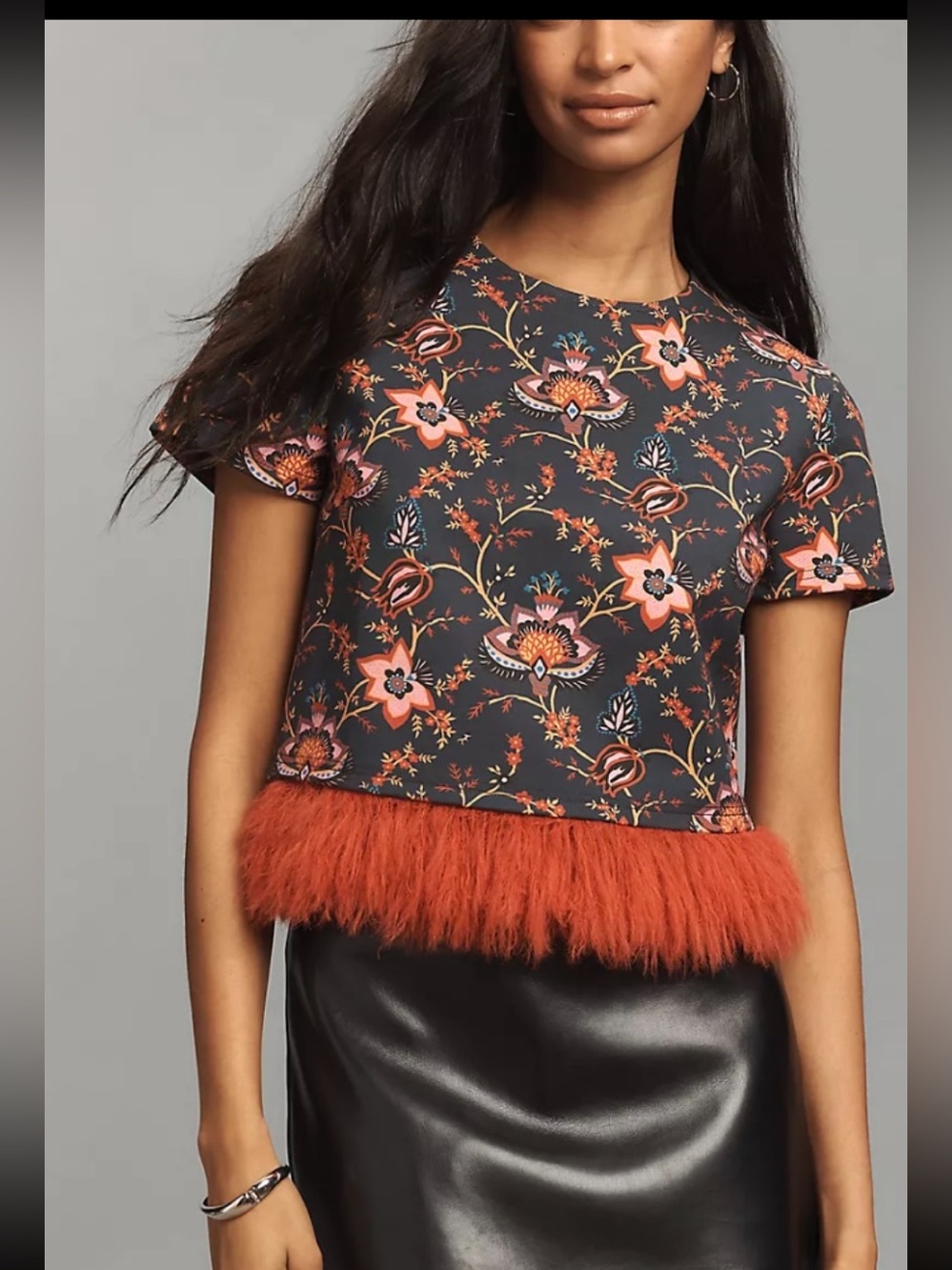 Dolan Left Coast Printed Faux Fur with Rust Feather Trim.